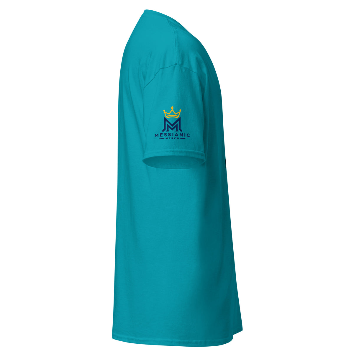 Tropical Blue | Right view of Have a Blast Rosh Hashanah Shofar Shirt featuring right sleeve with Messianic Merch logo