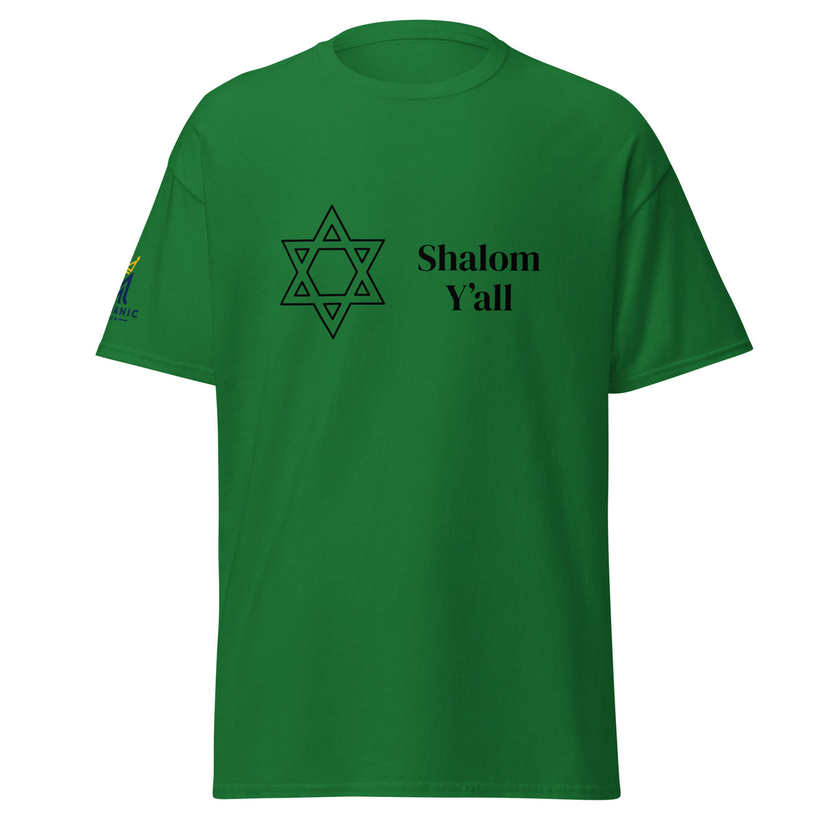 Turf Green | Front view of Shalom Y'all unisex T-shirt featuring a Star of David graphic and Messianic Merch logo printed on the sleeve.