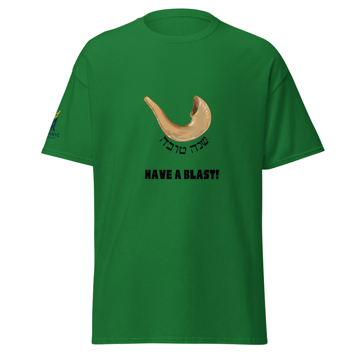 Turf Green | Have a Blast Rosh Hashanah Shofar Shirt featuring shirt design with Shana Tova in Hebrew and Have a Blast text