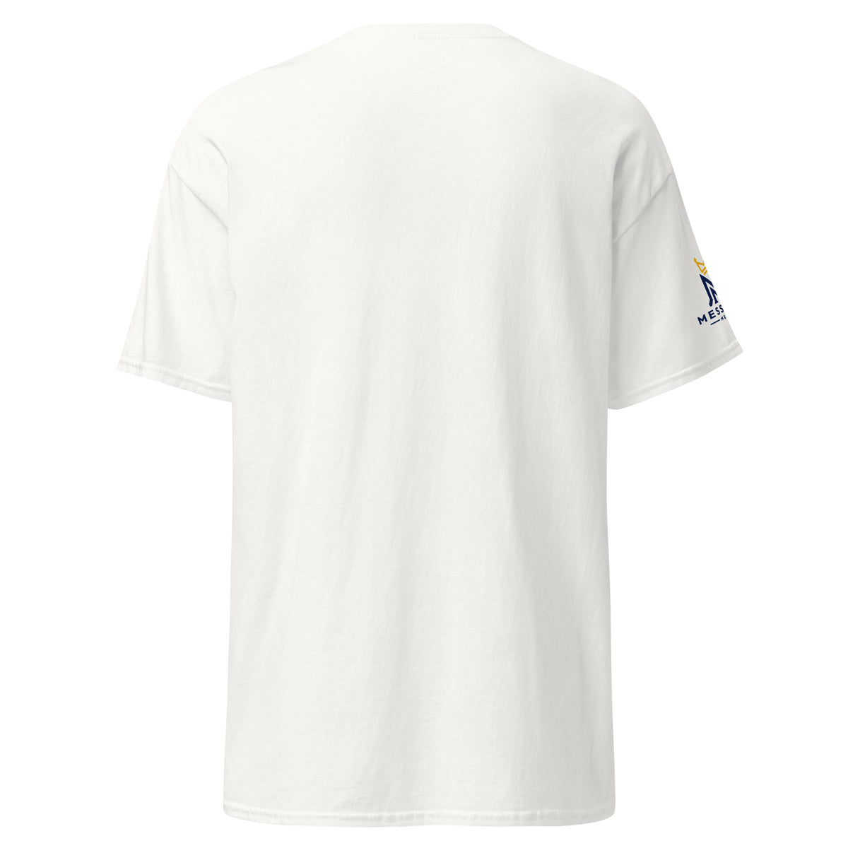 White | Back view of the King's Daughter women's faith T-shirt featuring Messianic Merch sleeve logo and a blank back.