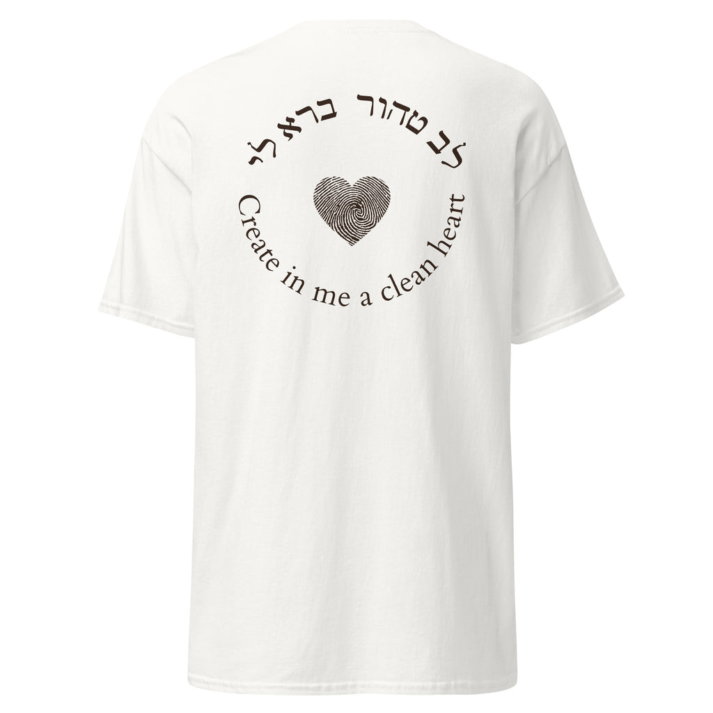 White | Back of Lev Tahor Yom Kippur Clean Heart Shirt featuring larger Lev Tahor Hebrew text, Create in me a clean heart, and fingerprint heart design