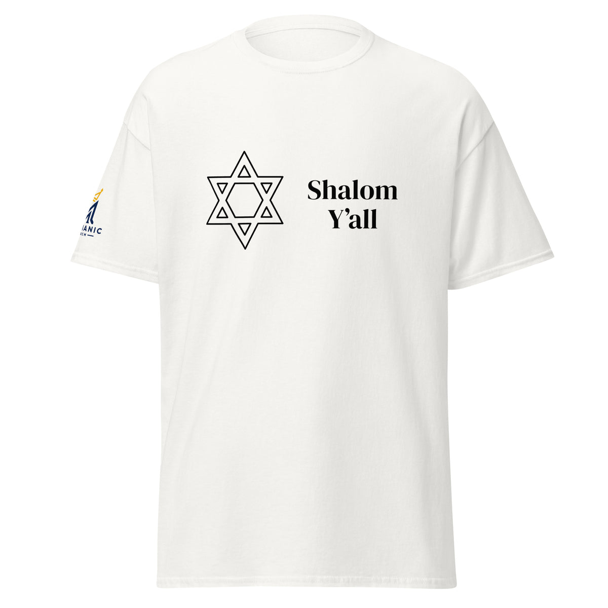 White | Front view of Shalom Y'all unisex T-shirt featuring a Star of David graphic and Messianic Merch logo printed on the sleeve.