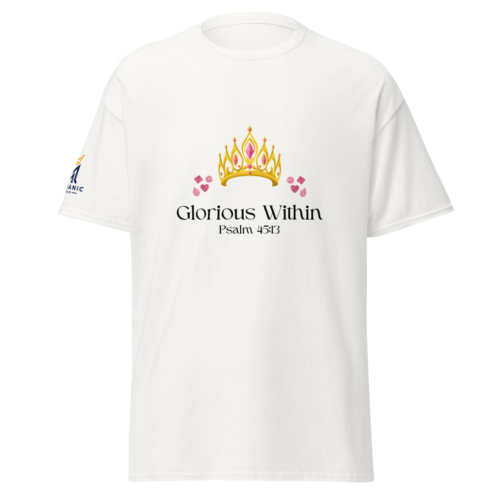 White | Front view of the King's Daughter women's faith T-shirt featuring a jeweled gold and pink crown, floral accents, “Glorious Within,” Psalm 45:13, and Messianic Merch sleeve logo.