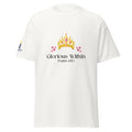 White | Front view of the King's Daughter women's faith T-shirt featuring a jeweled gold and pink crown, floral accents, “Glorious Within,” Psalm 45:13, and Messianic Merch sleeve logo.