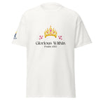 White | Front view of the King's Daughter women's faith T-shirt featuring a jeweled gold and pink crown, floral accents, “Glorious Within,” Psalm 45:13, and Messianic Merch sleeve logo.