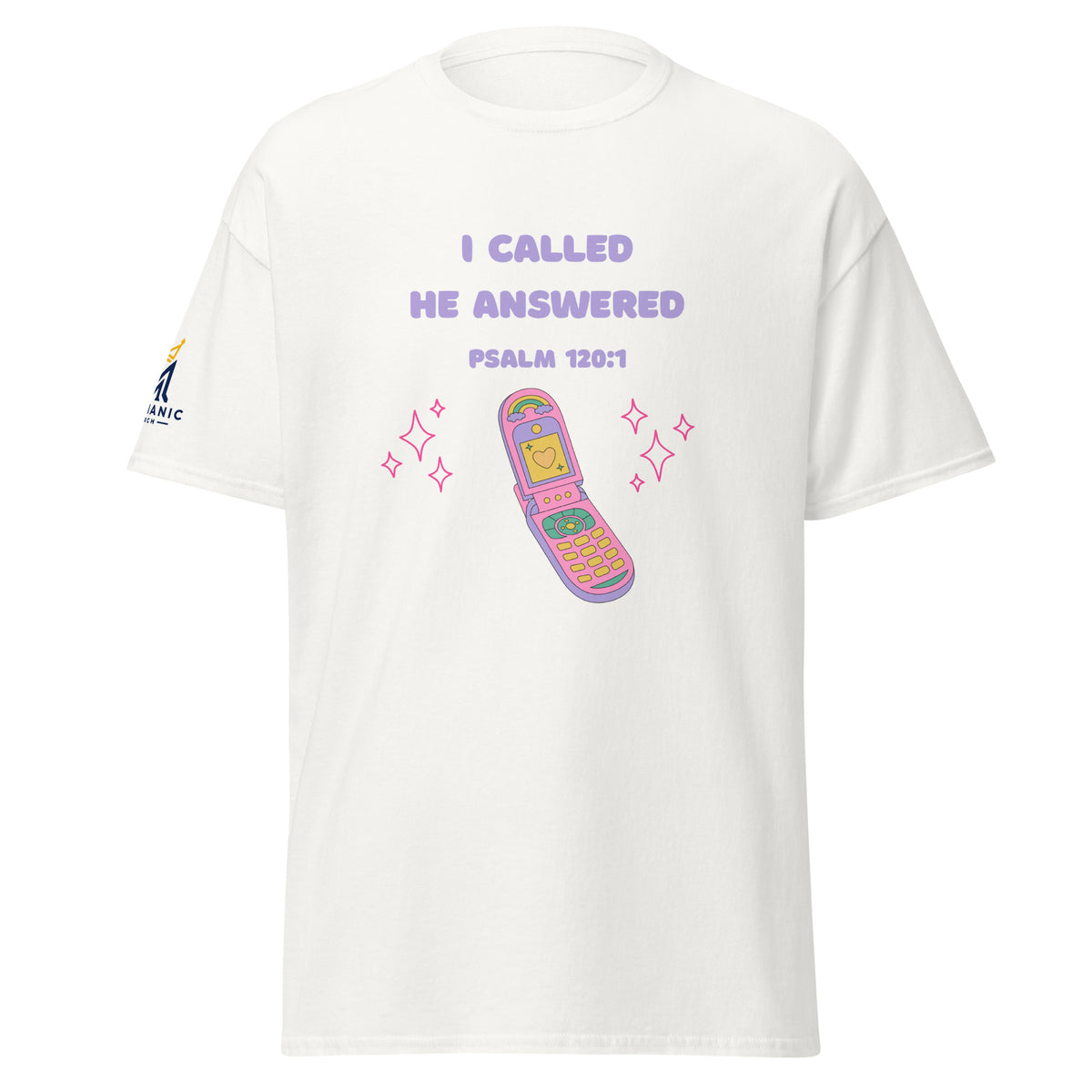 White | Front view of the women's Psalm 120:1 faith T-shirt featuring “I Called, He Answered,” a colorful Y2K flip phone graphic, and Messianic Merch sleeve logo.