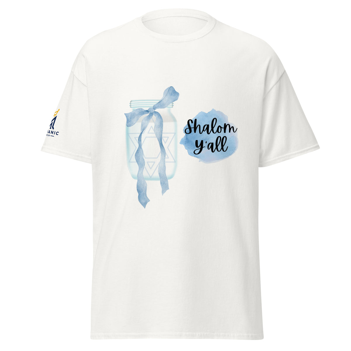 White | Front view of the Shalom Y'all women's T-shirt featuring a mason jar with Star of David, blue watercolor bow and accents, and Messianic Merch sleeve logo.