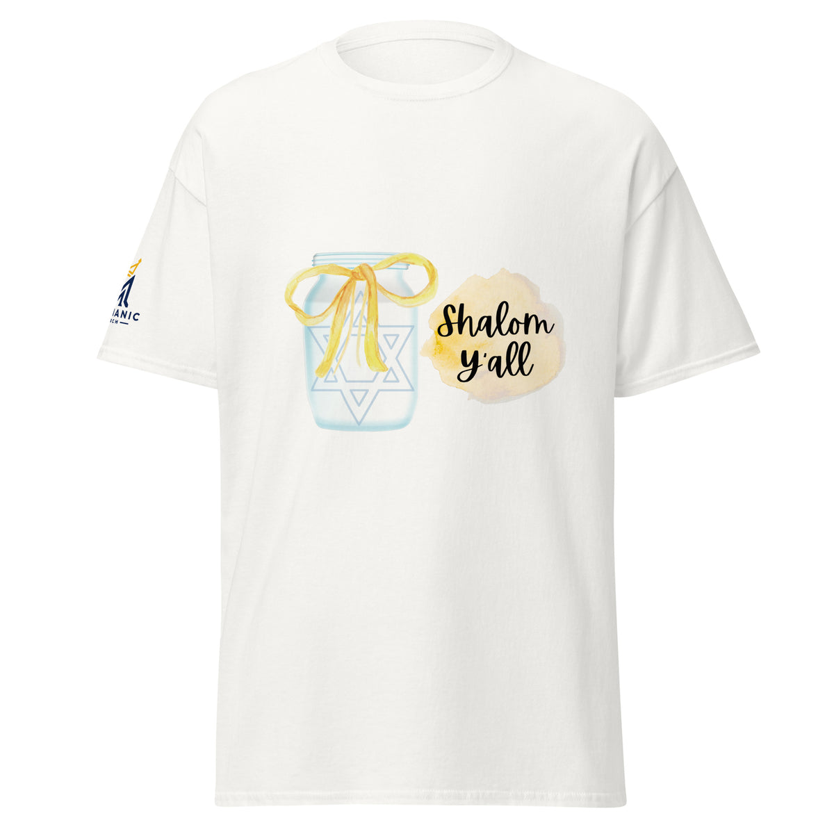 White | Front view of the Shalom Y'all women's T-shirt featuring a mason jar with Star of David, yellow watercolor bow and accents, and Messianic Merch sleeve logo.