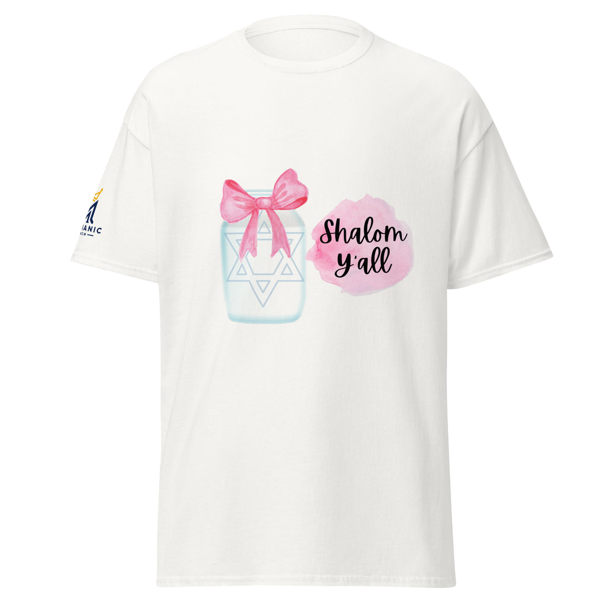 White | Front view of the Shalom Y'all women's T-shirt featuring a mason jar with Star of David, pink watercolor bow and accents, and Messianic Merch sleeve logo.