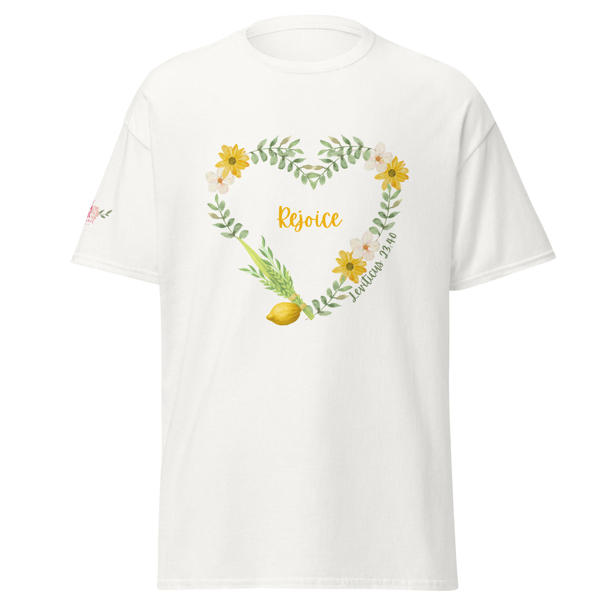 White | Front of Women’s Rejoice Sukkot Shirt Leviticus 23:40 featuring watercolor floral heart, lulav and etrog, the word Rejoice and Leviticus 23:40