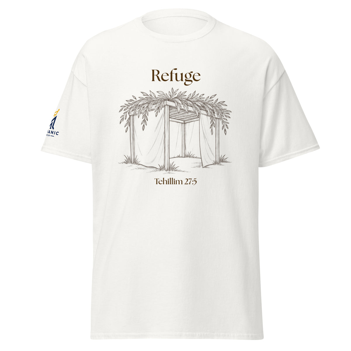 White | Front of Refuge Sukkot shirt design with hand-drawn sukkah and Tehillim 27:5