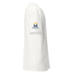 White | Right view of Baruch Haba Messianic Rosh Hashanah Crown T-Shirt featuring right sleeve with Messianic Merch logo