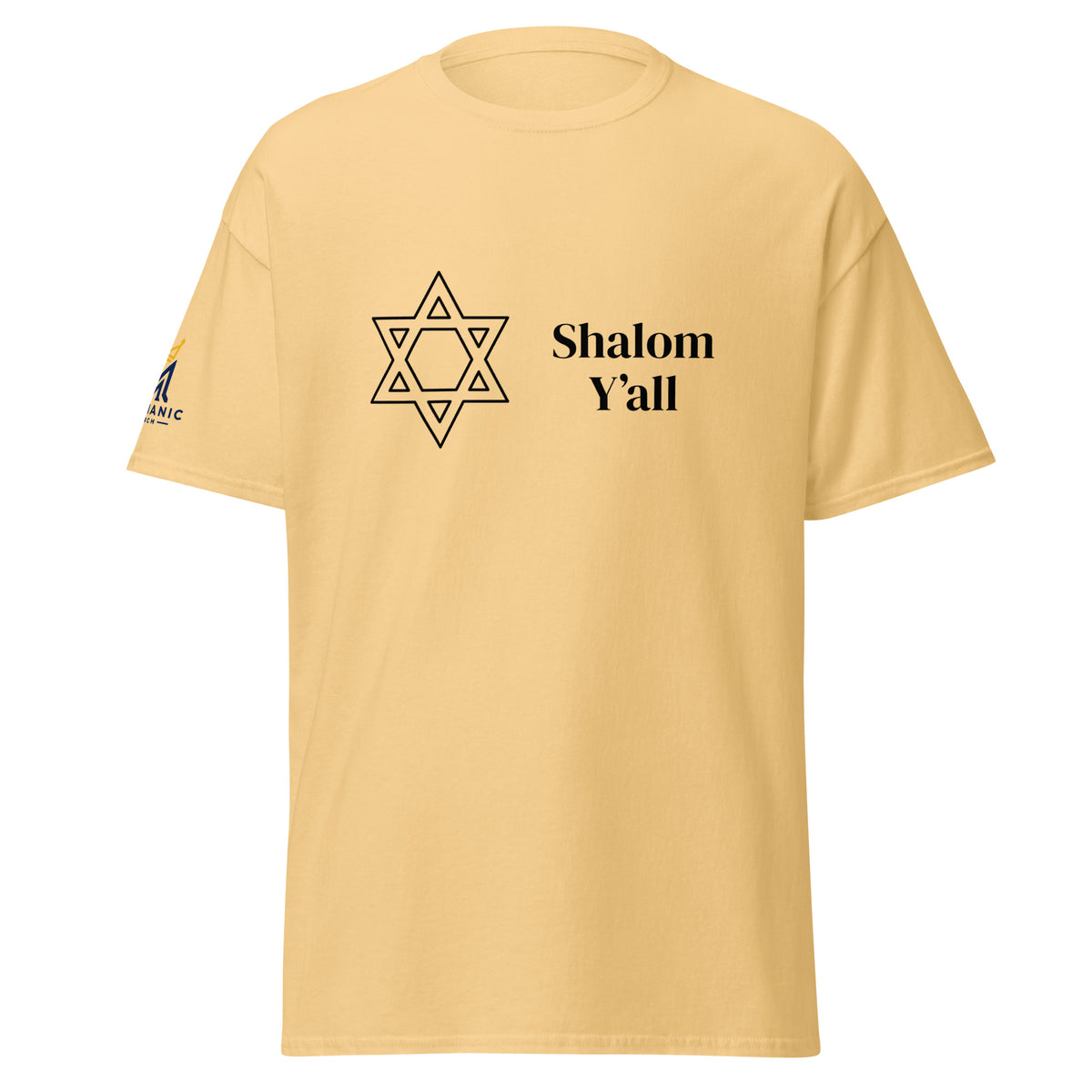 Yellow Haze | Front view of Shalom Y'all unisex T-shirt featuring a Star of David graphic and Messianic Merch logo printed on the sleeve.