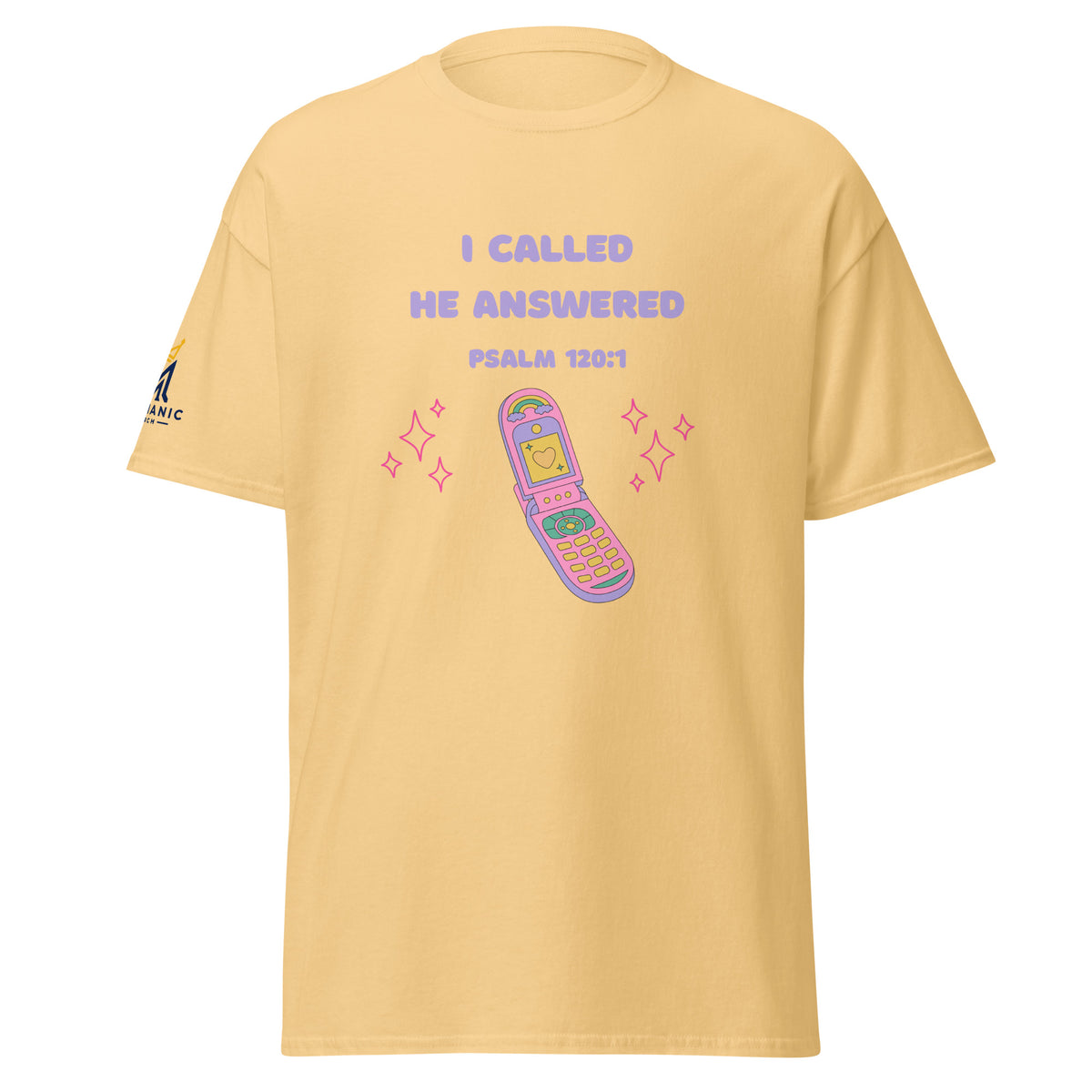 Yellow Haze | Front view of the women's Psalm 120:1 faith T-shirt featuring “I Called, He Answered,” a colorful Y2K flip phone graphic, and Messianic Merch sleeve logo.