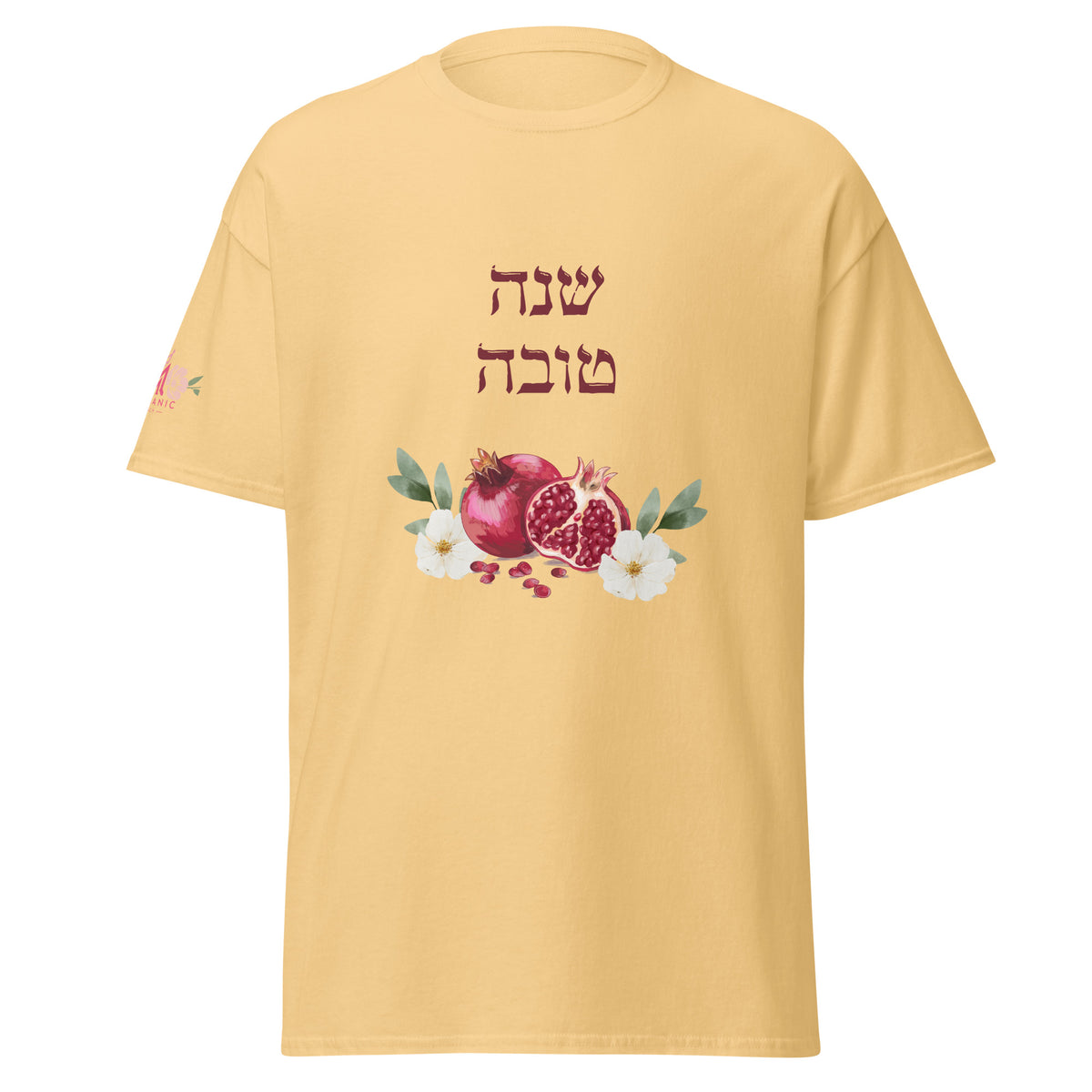Yellow Haze | Front of Women’s Shana Tova Rosh Hashanah shirt featuring floral pomegranate design with Hebrew text