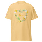 Yellow Haze | Front of Women’s Rejoice Sukkot Shirt Leviticus 23:40 featuring watercolor floral heart, lulav and etrog, the word Rejoice and Leviticus 23:40