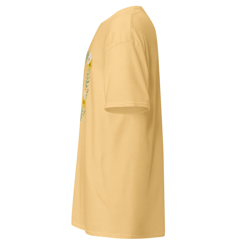 Yellow Haze | Left view of Women’s Rejoice Sukkot Shirt Leviticus 23:40 showing left sleeve