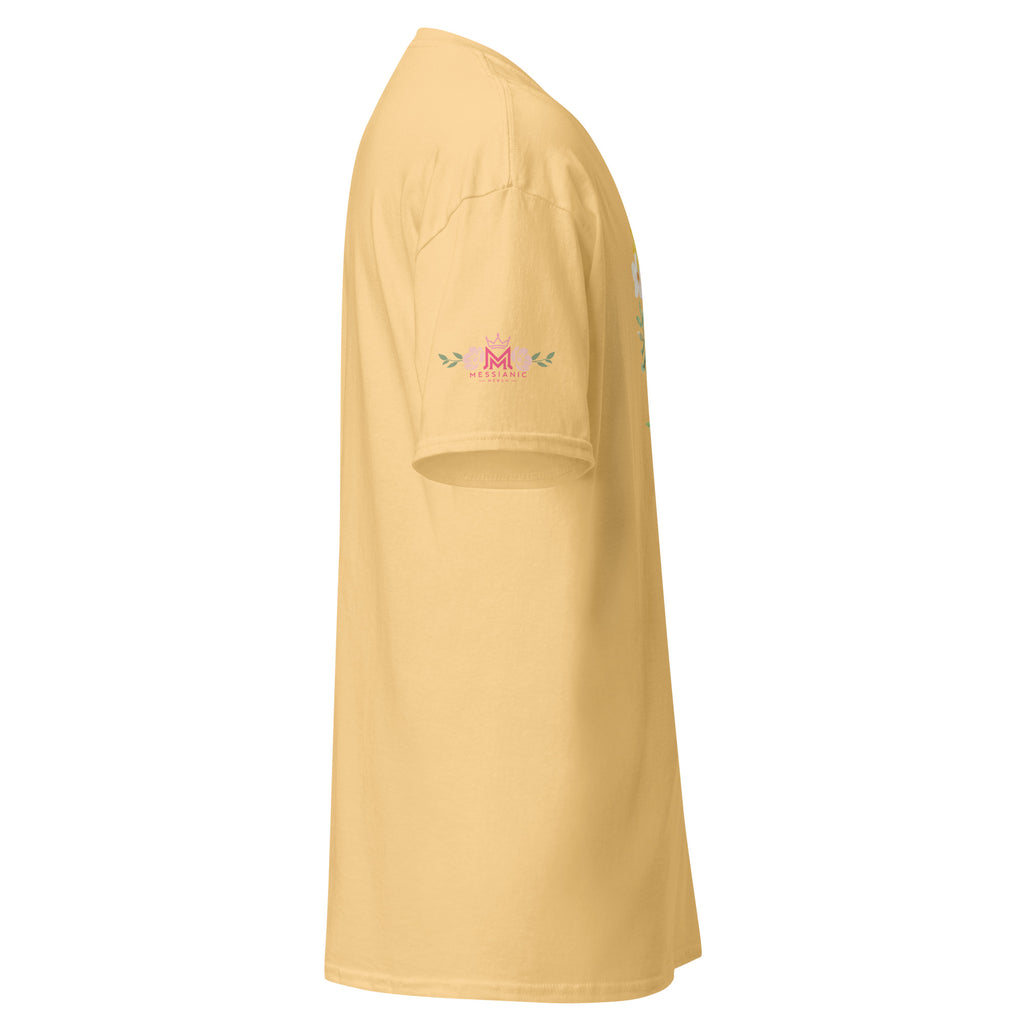 Yellow Haze | Right view of Women’s Rejoice Sukkot Shirt Leviticus 23:40 displaying right sleeve with floral Messianic Merch logo