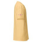 Yellow Haze | Right view of Women’s Rejoice Sukkot Shirt Leviticus 23:40 displaying right sleeve with floral Messianic Merch logo