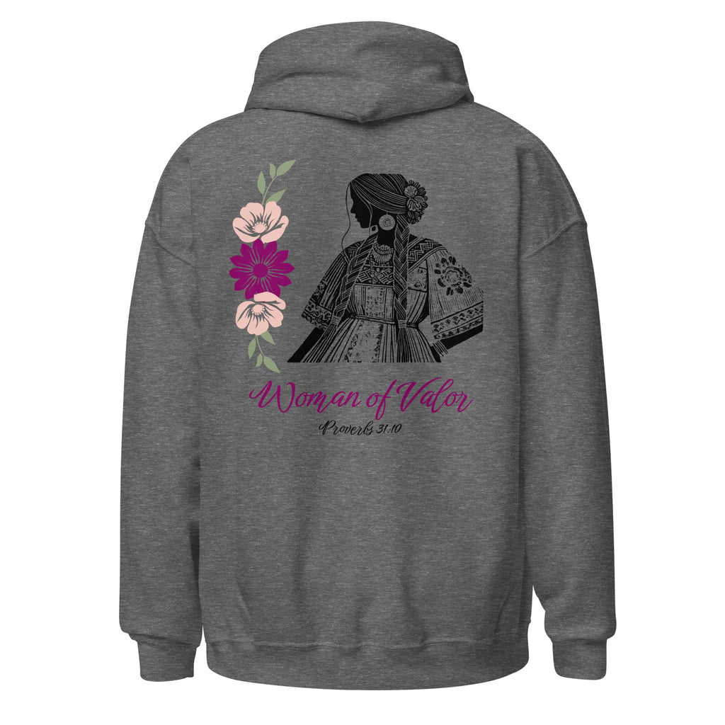 Graphite Heather | Back view of Woman of Valor women's faith hoodie featuring Proverbs 31:10, detailed woman and floral artwork.