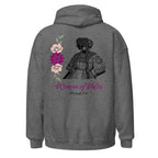 Graphite Heather | Back view of Woman of Valor women's faith hoodie featuring Proverbs 31:10, detailed woman and floral artwork.