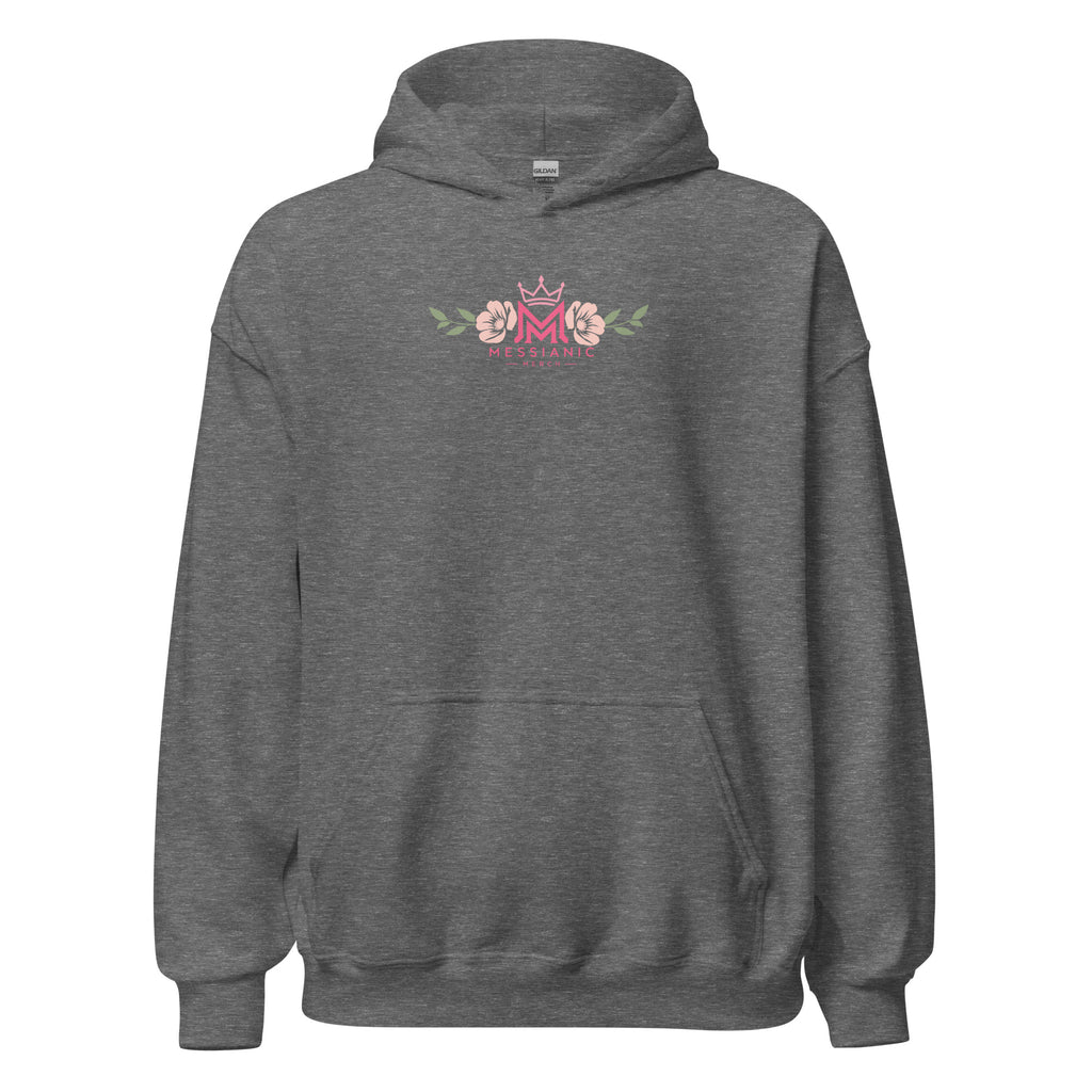 Graphite Heather | Front view of Woman of Valor women's faith hoodie featuring a floral Messianic Merch logo.