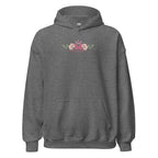 Graphite Heather | Front view of Woman of Valor women's faith hoodie featuring a floral Messianic Merch logo.