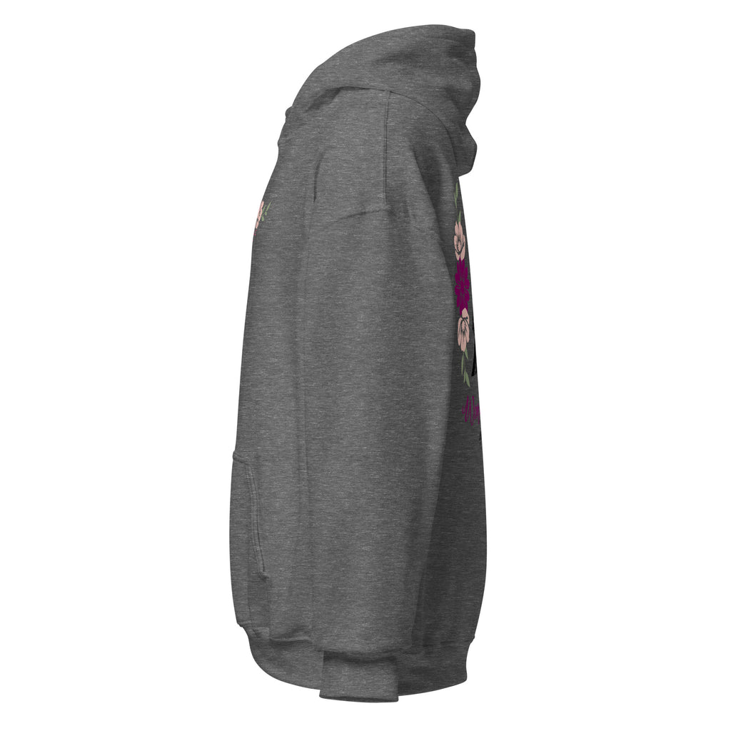 Graphite Heather | Left side profile of the Woman of Valor women's faith hoodie highlighting the left sleeve cuff and hood structure.