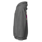 Graphite Heather | Left side profile of the Woman of Valor women's faith hoodie highlighting the left sleeve cuff and hood structure.