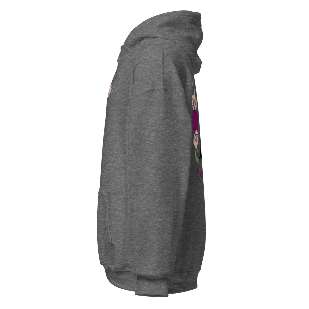 Graphite Heather | Left side profile of the Woman of Valor women's faith hoodie highlighting the left sleeve cuff and hood structure.
