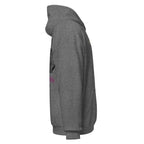 Graphite Heather | Right side profile of the Woman of Valor women's faith hoodie highlighting the right sleeve cuff and hood structure.