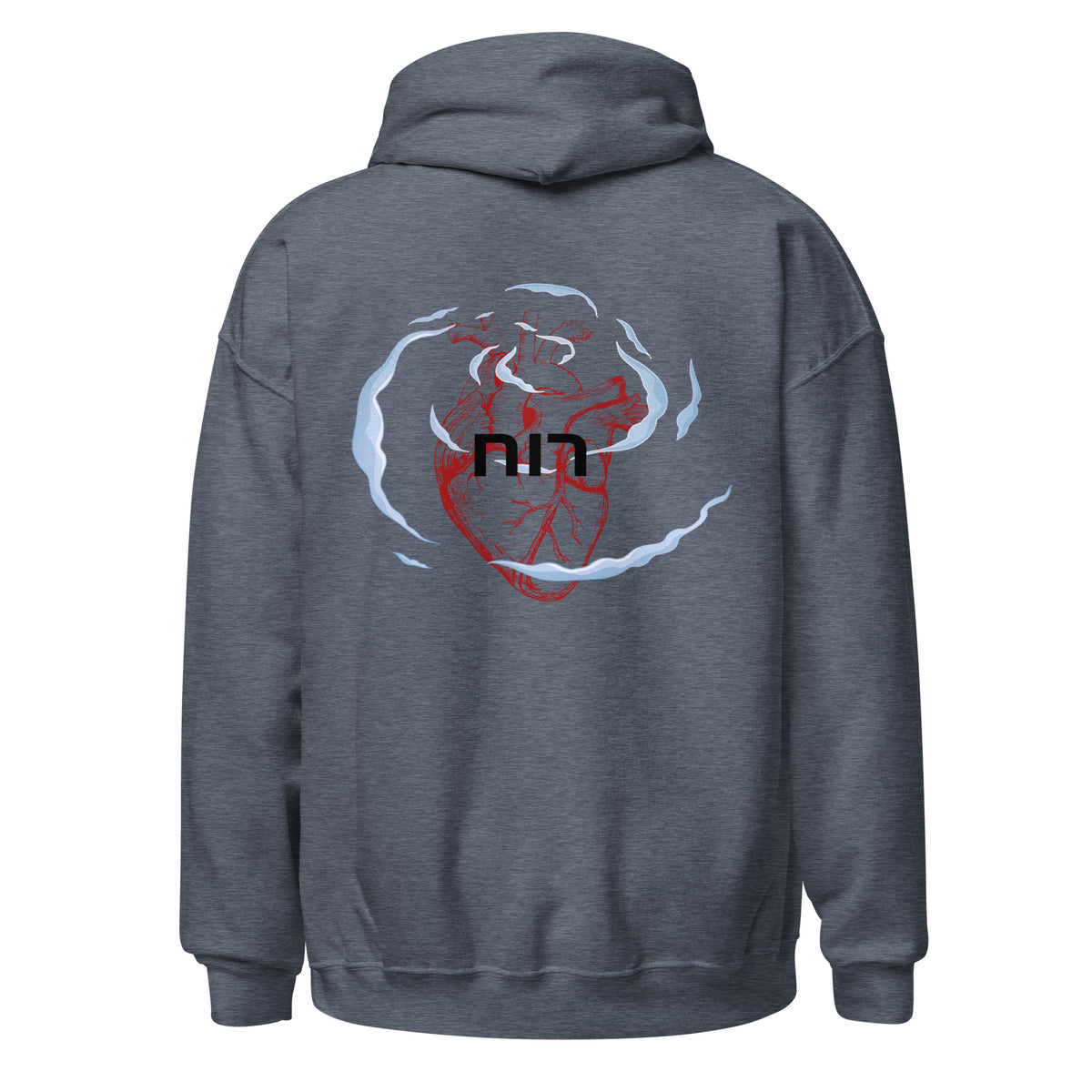 Heather Sport Dark Navy | Back view of the Ruach Hebrew faith hoodie with anatomical heart and רוח back design surrounded by wind-like shapes.
