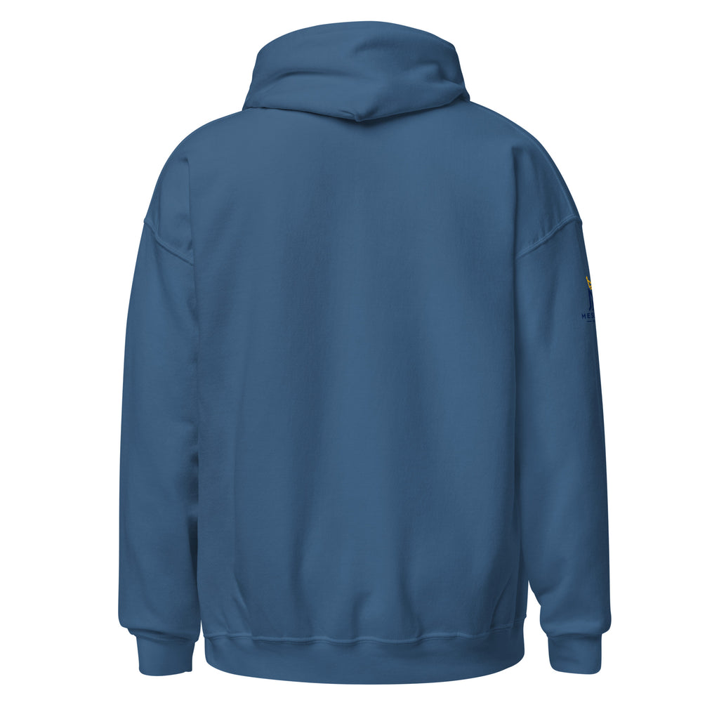 Indigo Blue | Back view of the Yeshua King hoodie featuring Messianic Merch sleeve logo and a blank background.