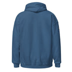 Indigo Blue | Back view of the Yeshua King hoodie featuring Messianic Merch sleeve logo and a blank background.