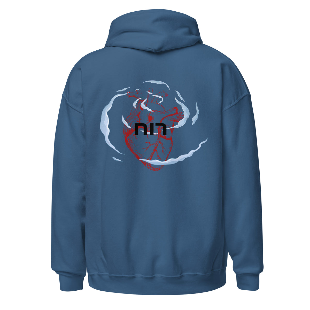 Indigo Blue | Back view of the Ruach Hebrew faith hoodie with anatomical heart and רוח back design surrounded by wind-like shapes.