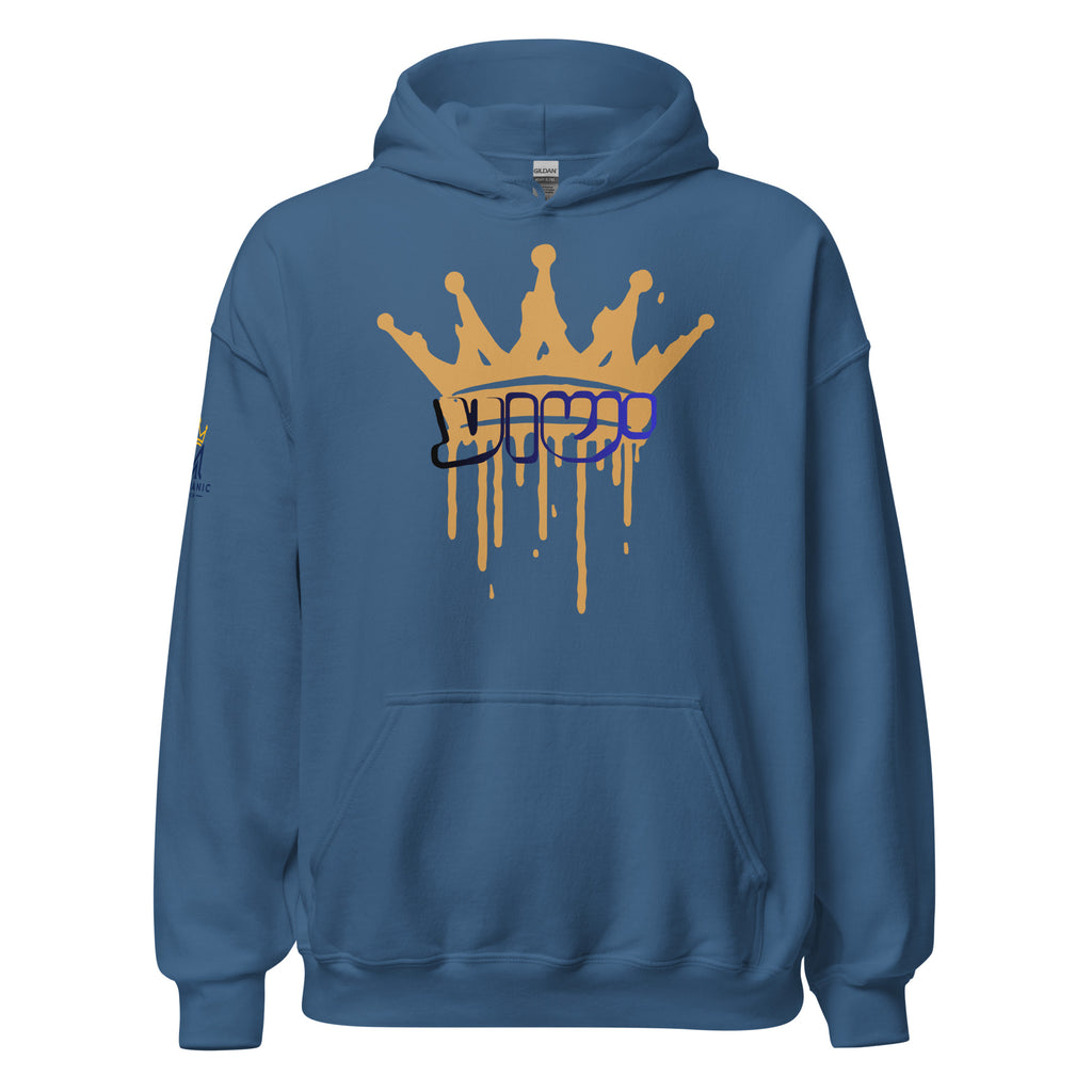 Indigo Blue | Front view of the Yeshua King hoodie featuring ישוע in Hebrew beneath a dripping gold crown with the Messianic Merch logo printed on the sleeve.