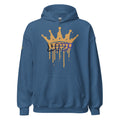 Indigo Blue | Front view of the Yeshua King hoodie featuring ישוע in Hebrew beneath a dripping gold crown with the Messianic Merch logo printed on the sleeve.