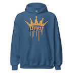 Indigo Blue | Front view of the Yeshua King hoodie featuring ישוע in Hebrew beneath a dripping gold crown with the Messianic Merch logo printed on the sleeve.