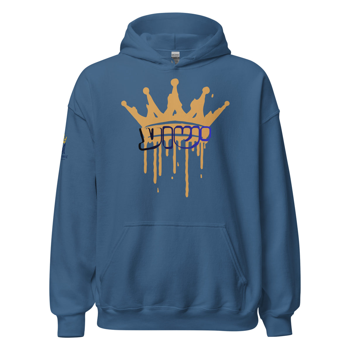Indigo Blue | Front view of the Yeshua King hoodie featuring ישוע in Hebrew beneath a dripping gold crown with the Messianic Merch logo printed on the sleeve.