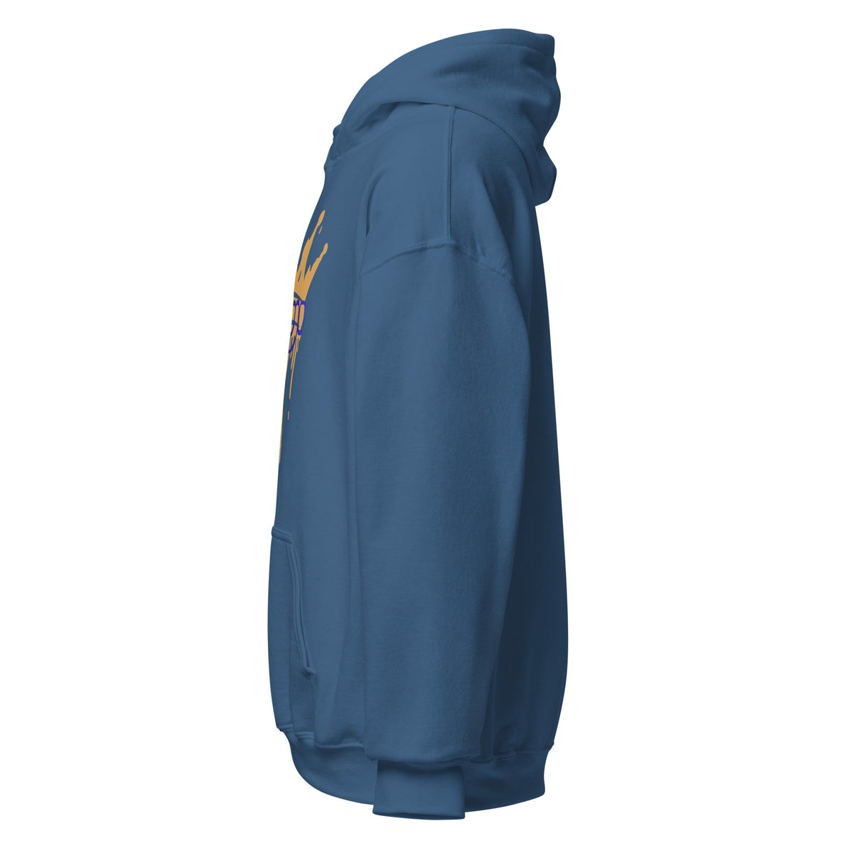 Indigo Blue | Left side profile of the Yeshua King hoodie highlighting the left sleeve cuff and hood structure.