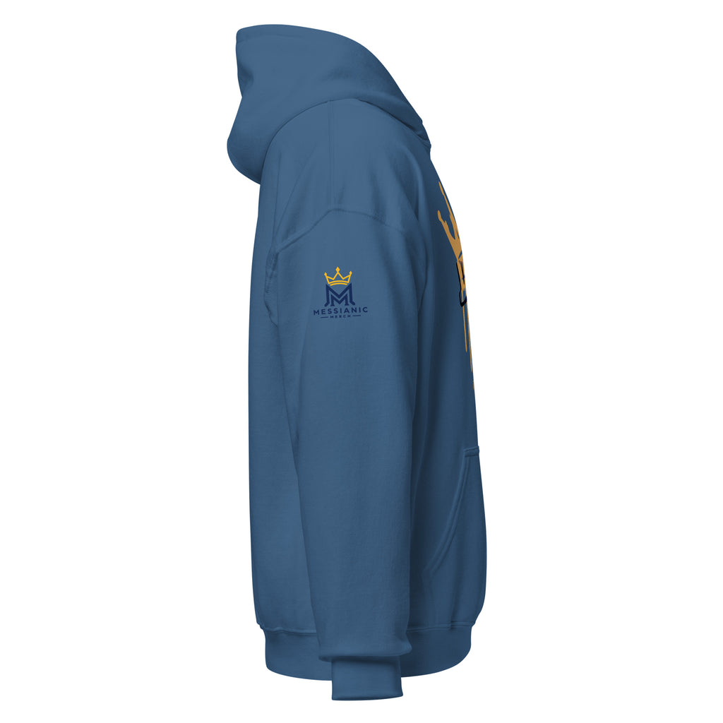 Indigo Blue | Right side profile of the Yeshua King hoodie highlighting the Messianic Merch logo, right sleeve cuff and hood structure.