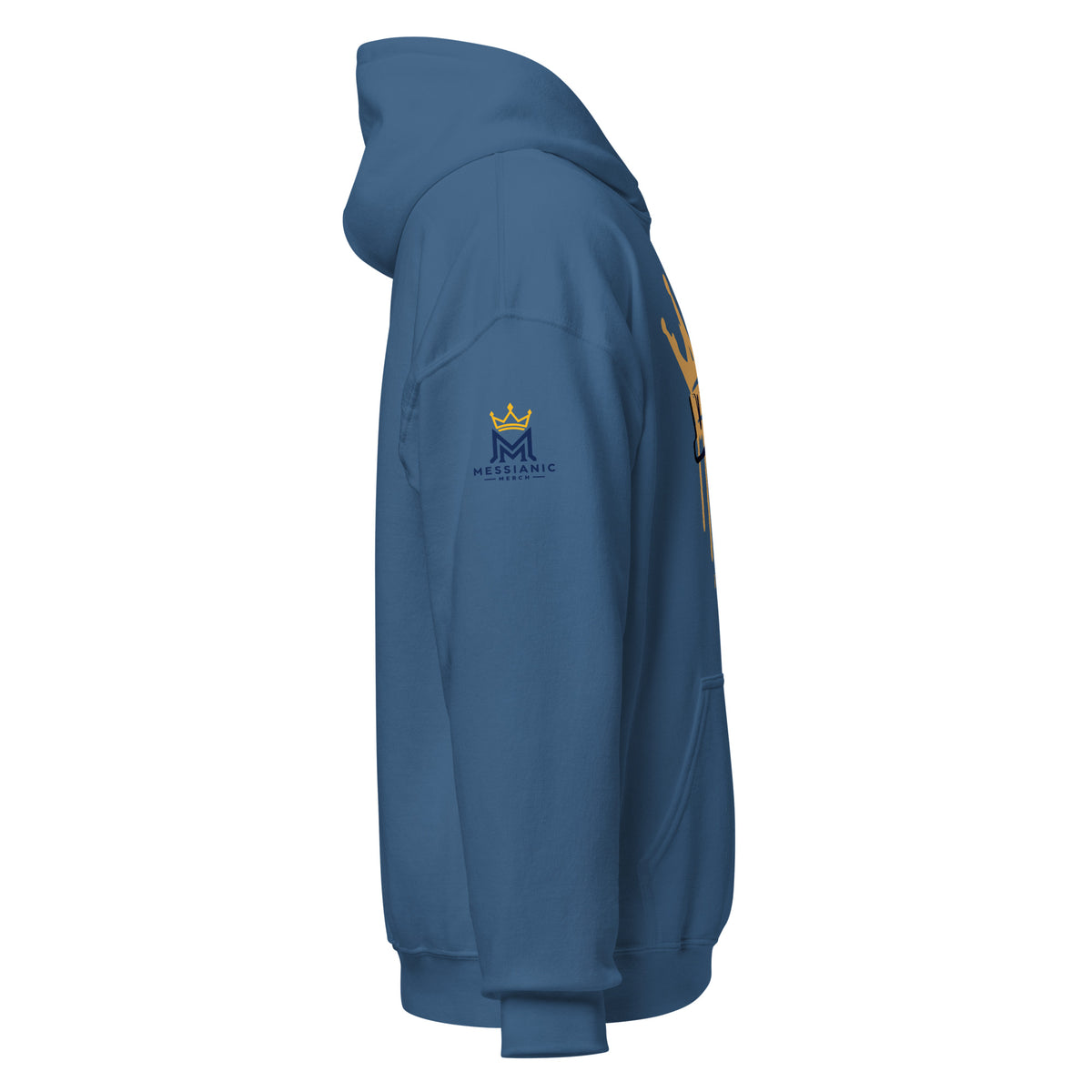 Indigo Blue | Right side profile of the Yeshua King hoodie highlighting the Messianic Merch logo, right sleeve cuff and hood structure.