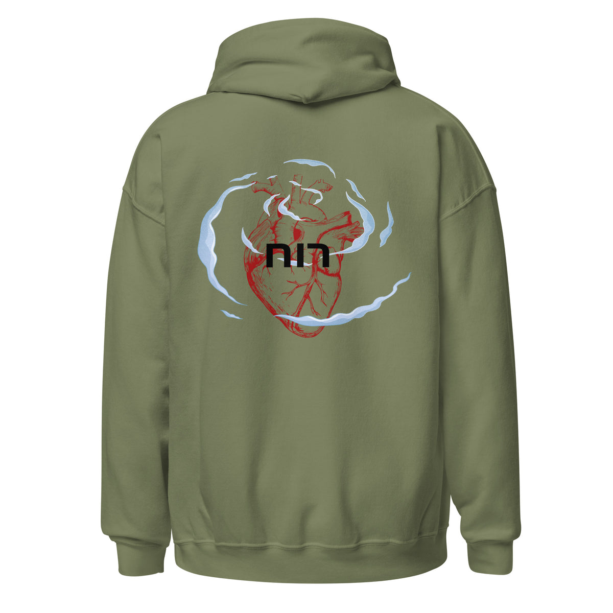 Military Green | Back view of the Ruach Hebrew faith hoodie with anatomical heart and רוח back design surrounded by wind-like shapes.