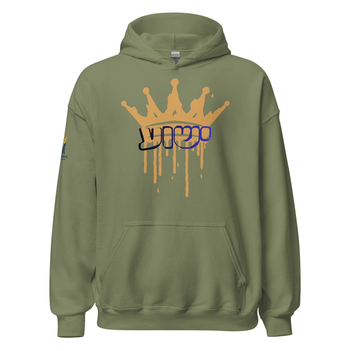 Military Green | Front view of the Yeshua King hoodie featuring ישוע in Hebrew beneath a dripping gold crown with the Messianic Merch logo printed on the sleeve.