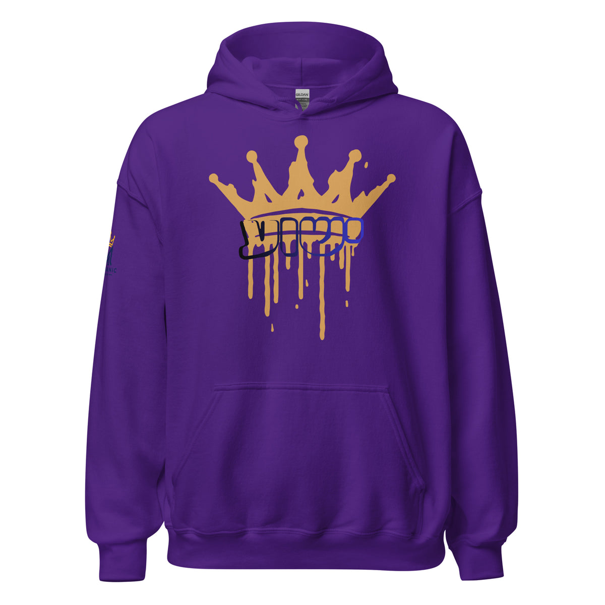 Purple | Front view of the Yeshua King hoodie featuring ישוע in Hebrew beneath a dripping gold crown with the Messianic Merch logo printed on the sleeve.