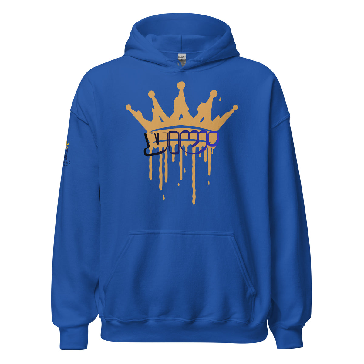 Royal | Front view of the Yeshua King hoodie featuring ישוע in Hebrew beneath a dripping gold crown with the Messianic Merch logo printed on the sleeve.