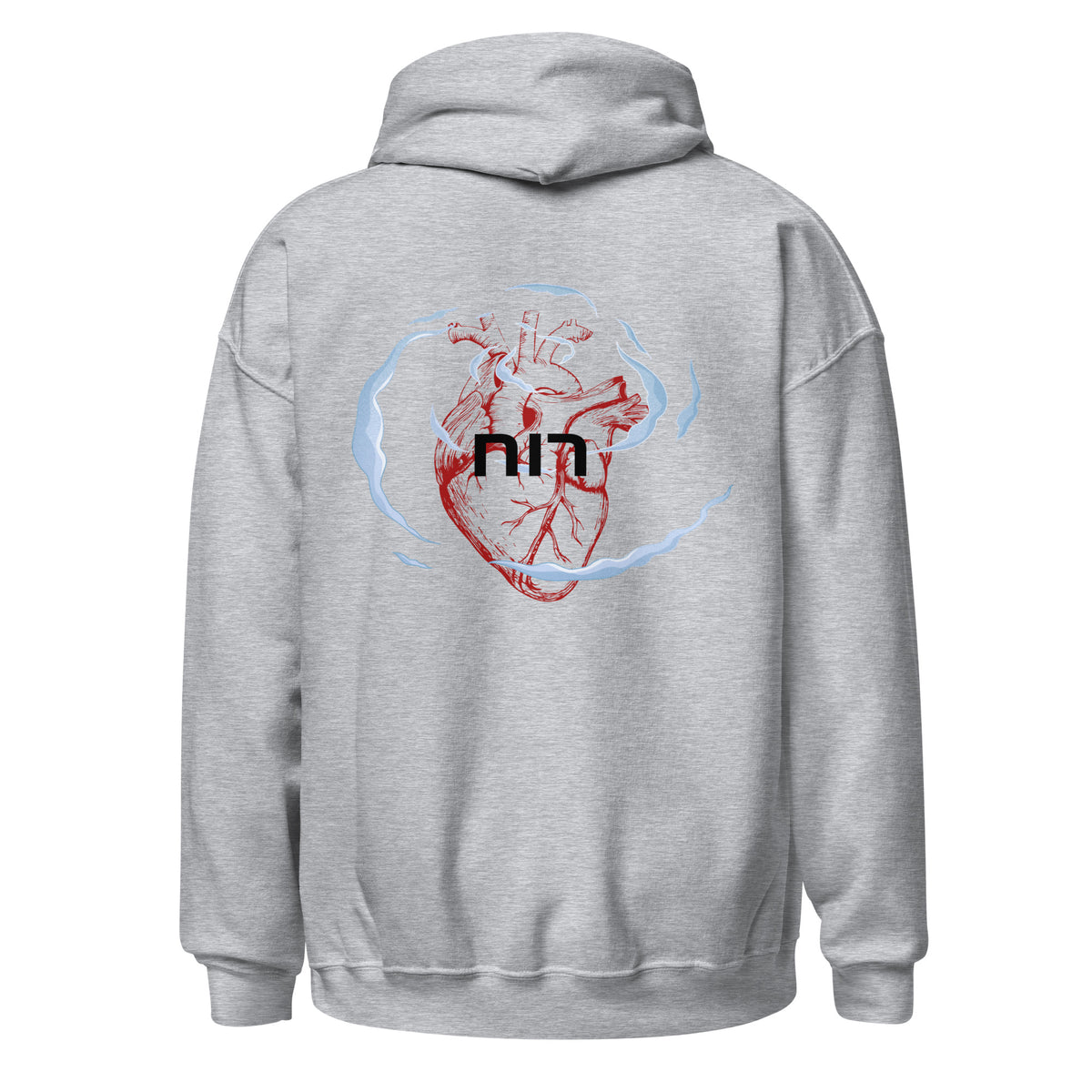 Sport Grey | Back view of the Ruach Hebrew faith hoodie with anatomical heart and רוח back design surrounded by wind-like shapes.