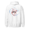 White | Back view of the Ruach Hebrew faith hoodie with anatomical heart and רוח back design surrounded by wind-like shapes.
