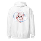 White | Back view of the Ruach Hebrew faith hoodie with anatomical heart and רוח back design surrounded by wind-like shapes.