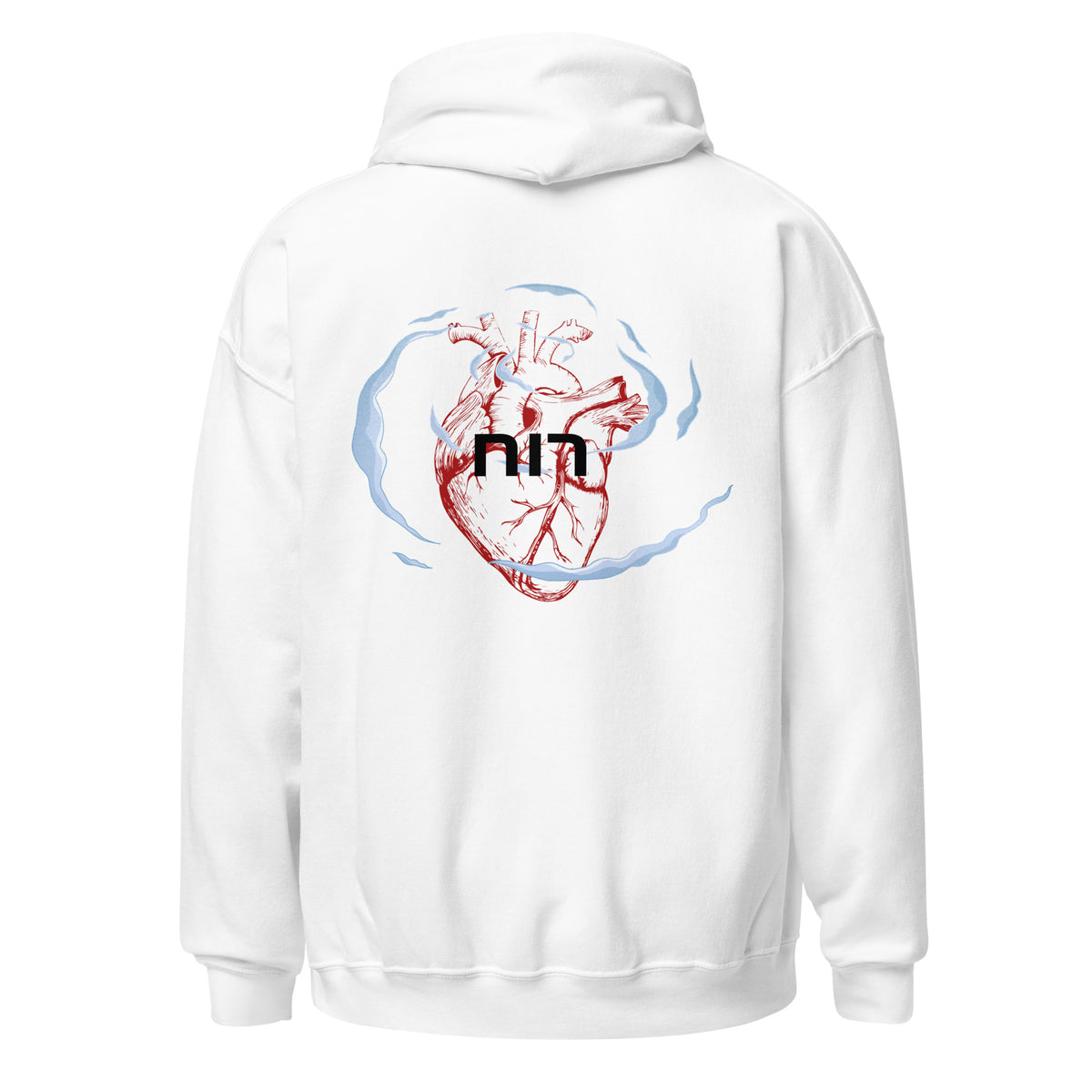 White | Back view of the Ruach Hebrew faith hoodie with anatomical heart and רוח back design surrounded by wind-like shapes.